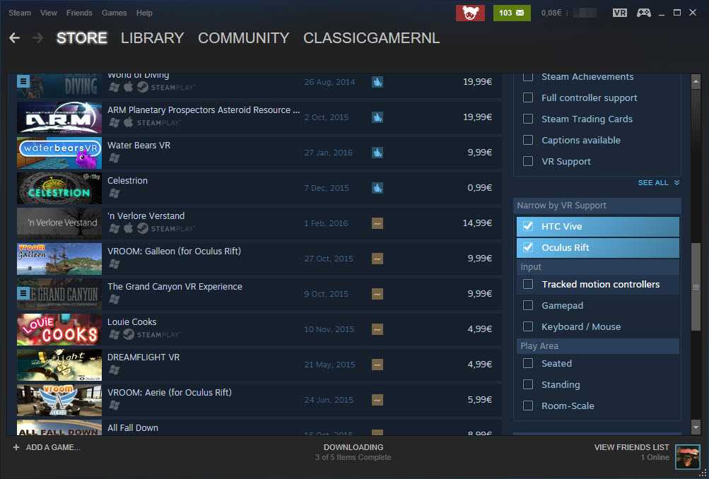 Steam lists supported virtual reality headsets