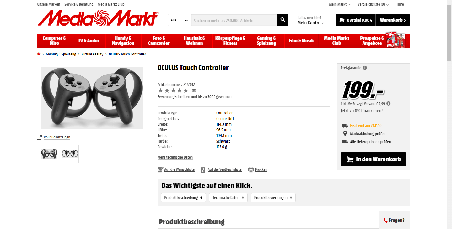 OCULUS Touch Controllers appear in German Media Markt webshop